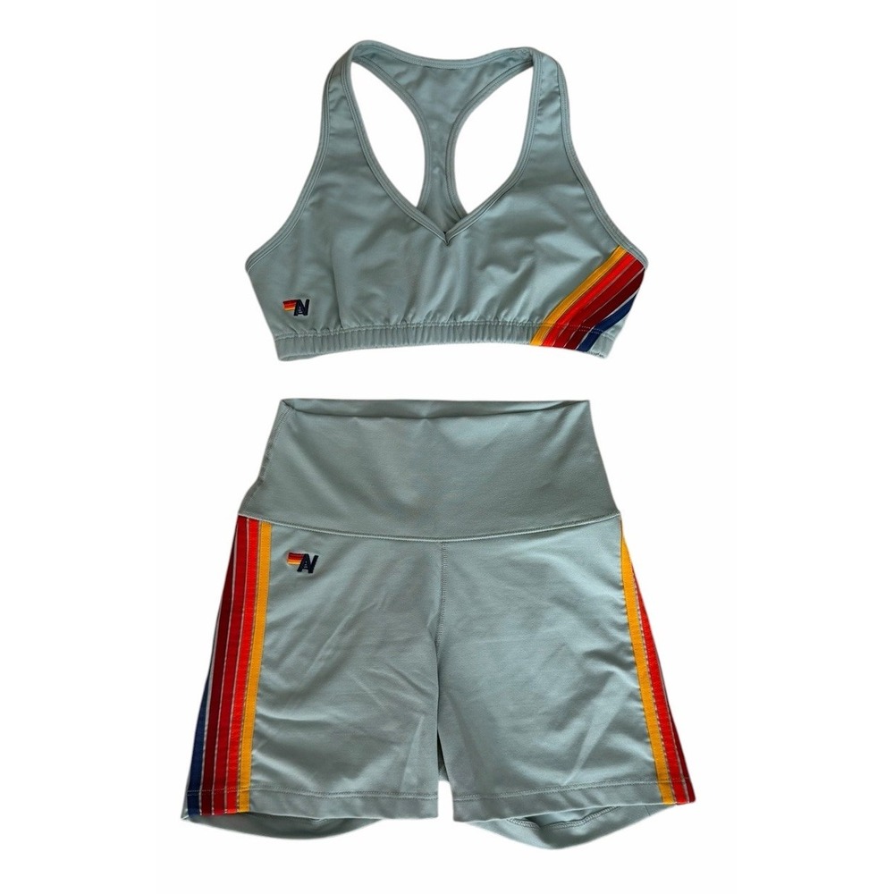 Aviator Nation 5 Stripe 4" High Rise Biker Shorts & Sports Bra Mist Women's Sm